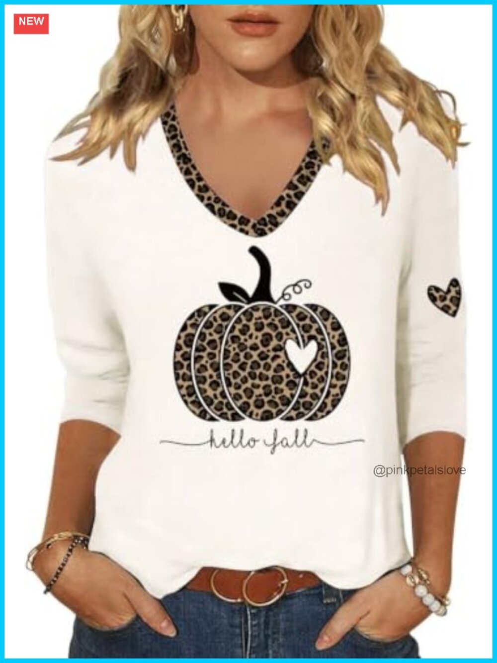 Womens 3/4 Sleeve V Neck Plaid Pumpkin Graphic Tee Fall Thanksgiving Top